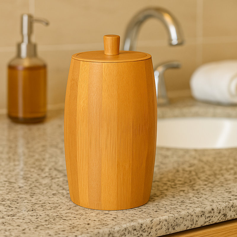 Natural Bamboo Cotton Swab Holder Rustic Barrel-Shaped Storage Jar for Cotton Balls Cotton Swabs Bathroom Essentials Eco-Friendly and Stylish Vanity Organizer