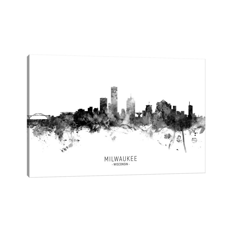 Milwaukee Wisconsin Skyline Name Bw by Michael Tompsett - 1 Piece Wrapped Canvas Wall Art, 45.72cm H x 66.04cm W
