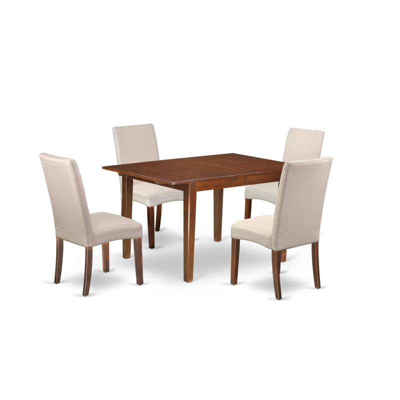 5 Piece Kitchen Table & Chairs Set Includes a Rectangle Butterfly Leaf Dining Table and 4 Cream Linen Fabric Parsons Chairs, Mahogany