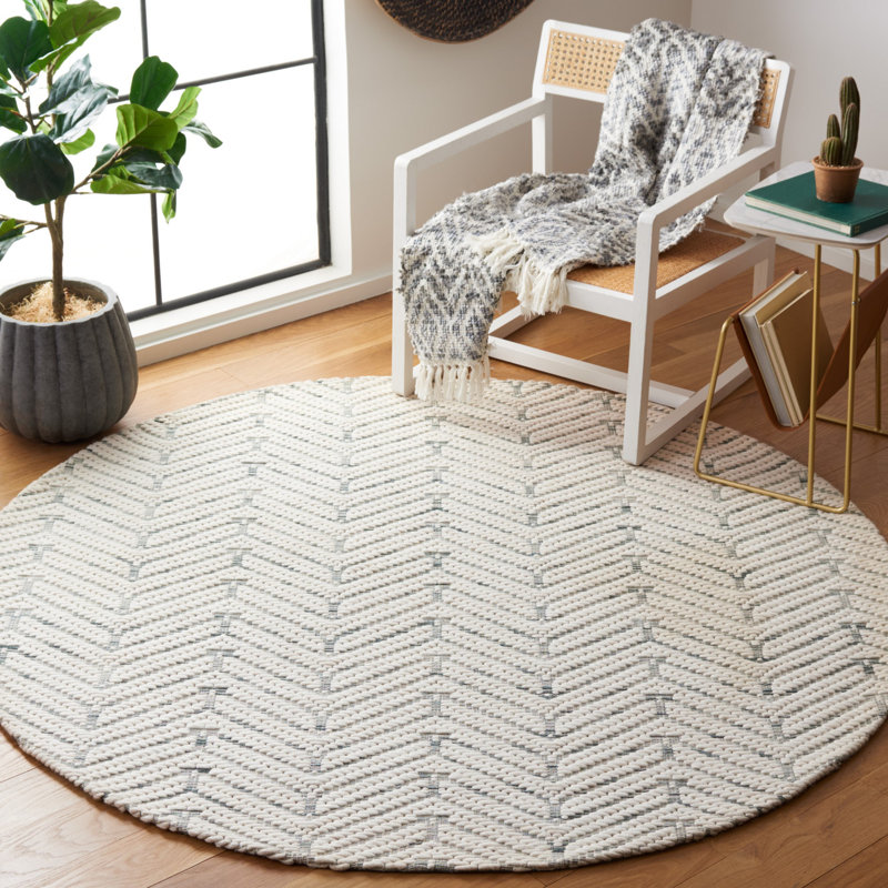 Manya Striped Handwoven Wool/Polyester Area Rug in White, Round 6'