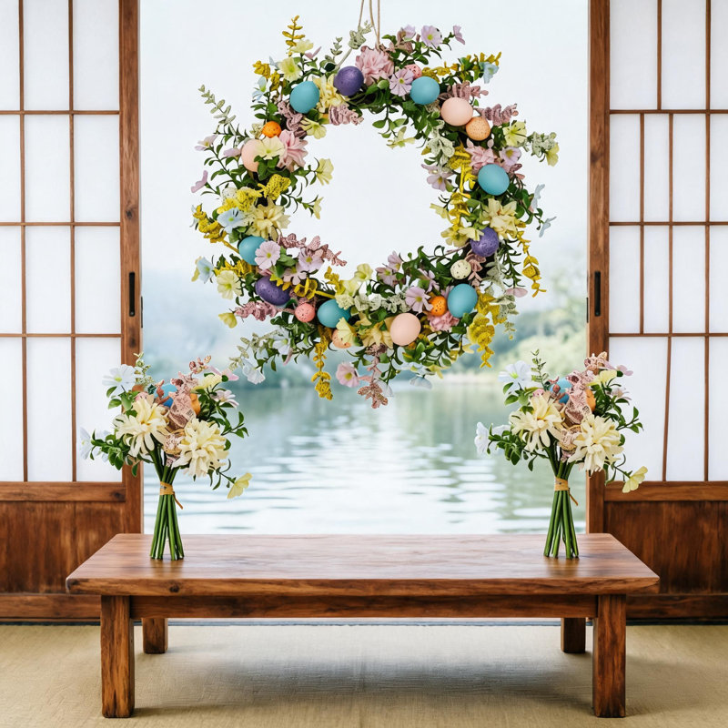 18 Inch Easter Egg Wreath, Spring Floral Greenery Rattan Front Door Wall Home Decor, 18 Inch