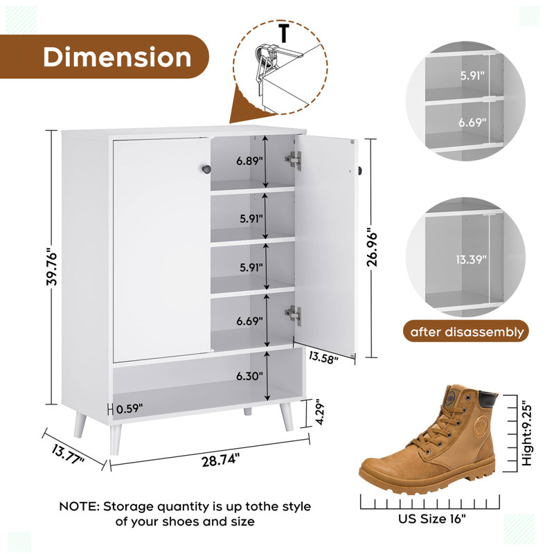 Armoire de rangement pour chaussures avec plaques réglables et portes blanches