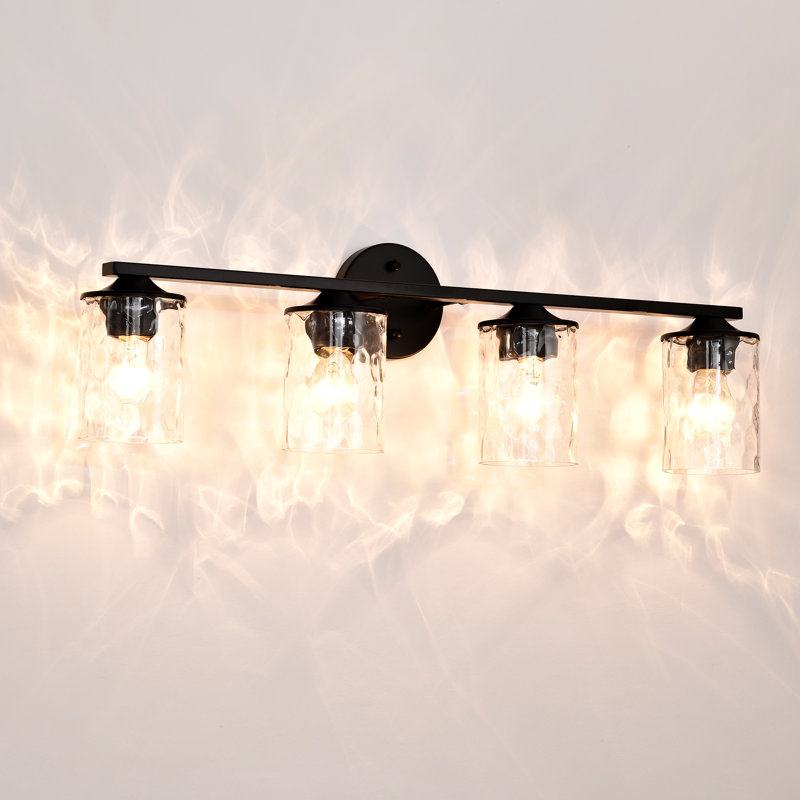 4 lumières 30 po Éclairage pour meuble-lavabo noir mat avec abat-jour en verre transparent martelé, Noir mat, Quatre lumières