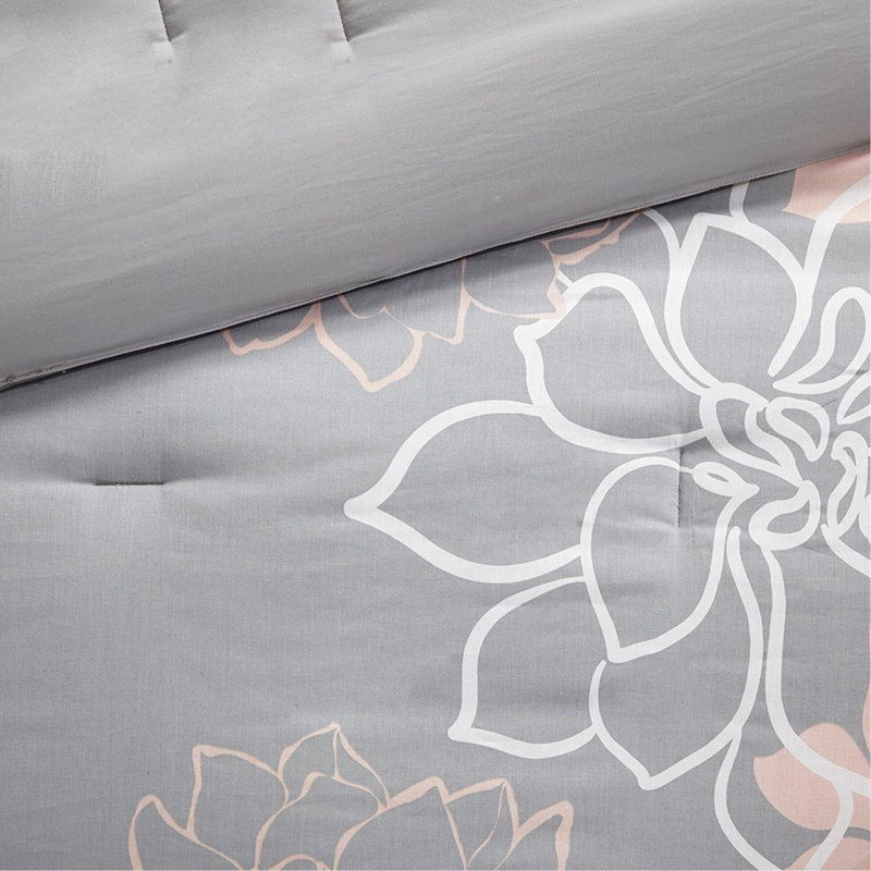 Ensemble d'édredon en satin de coton imprimé, Édredon de très grande taille et 6 pièces suppl, Gris / pêche