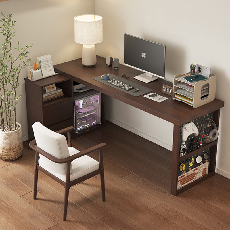Dark-walnut + Black L-Shaped Solid Wood + Iron with 4 drawers desk, 29.53" H x 70.87" W x 49.21" D
