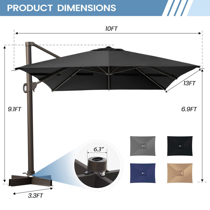 Gaudenz 10x13 Ft Rectangle Cantilever Umbrella without Weighted Base, Noir