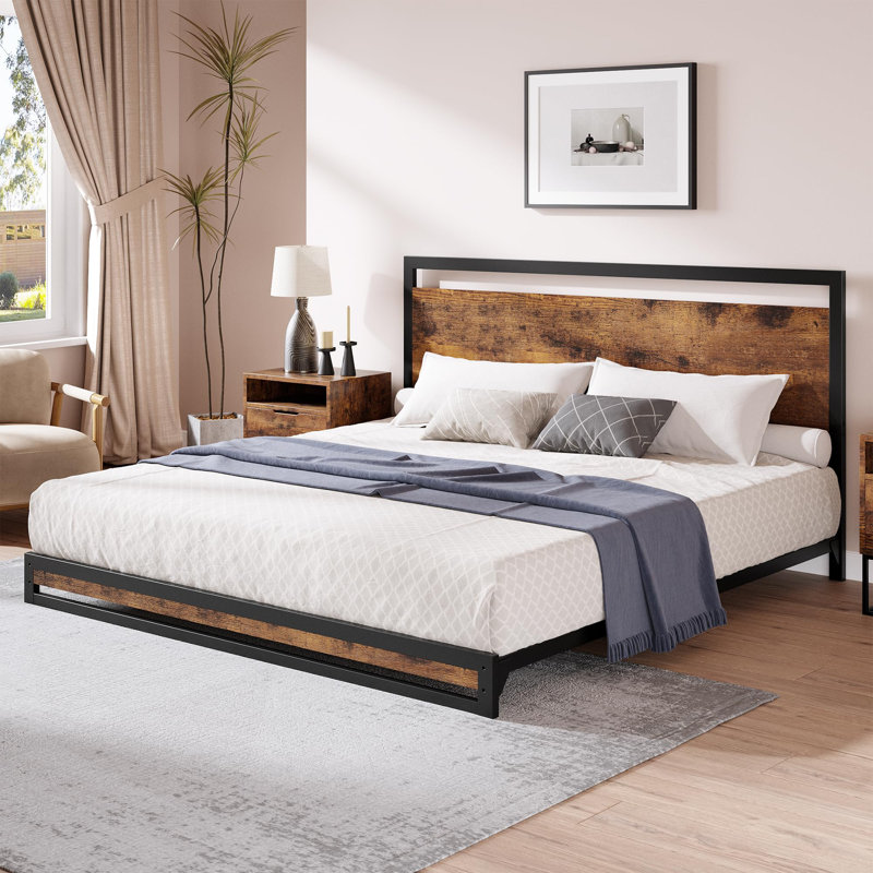 6 Inch Metal Platform Bed Frame With Wooden Headboard And Footboard, Mattress Foundation, King