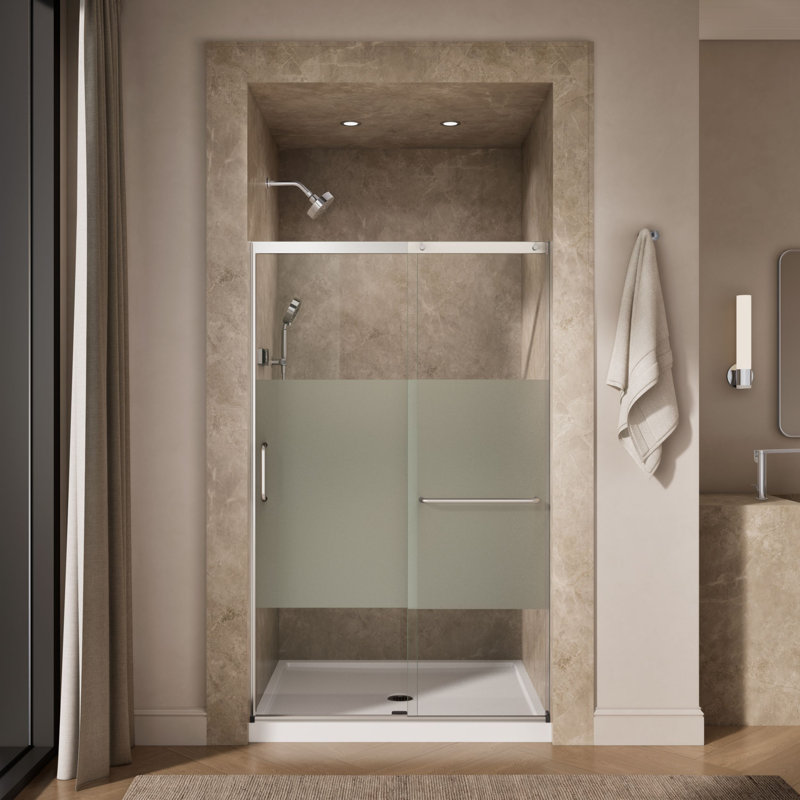 Elate Tall Sliding Shower Door, 75-1/2-In H X 44-1/4 - 47-5/8-In W, With Heavy 5/16-In Thick Crystal Clear Glass With Privacy Band