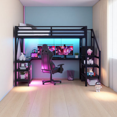 Easy-To-Assemble Child-Friendly Metal Full Loft Bed With Wardrobe And LED Light, Full Size Loft Bed With L Shaped Desk And USB For Kids Teens Adults