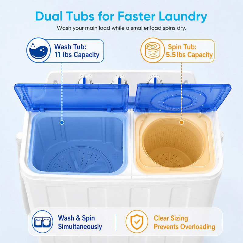 Portable Twin Tub Washer 11Lbs Wash 5.5Lbs Spin Compact Laundry Machine