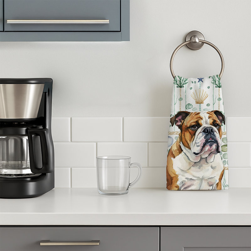 Brindle and White English Bulldog Coastal Sea Glass Kitchen Towel, Brindle and White English Bulldog