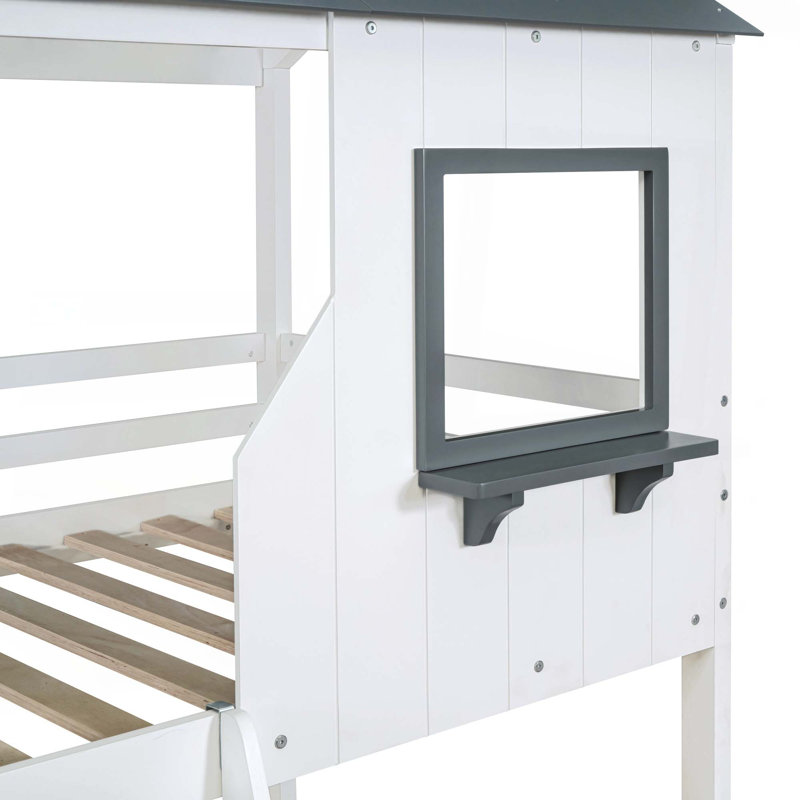 Twin Over Twin Bunk Bed Wood Bed With Roof, Window, Guardrail, Ladder, White