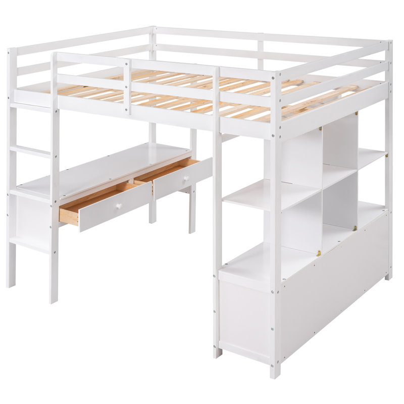 Erjon Kids Loft Bed with Drawers, White, Full