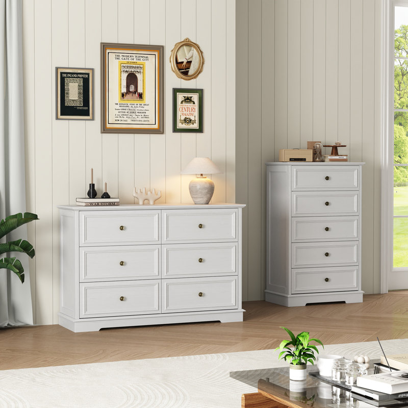 Ensemble rétro 2 pièces: commode large à 6 tiroirs et commode haute à 5 tiroirs, Blanc