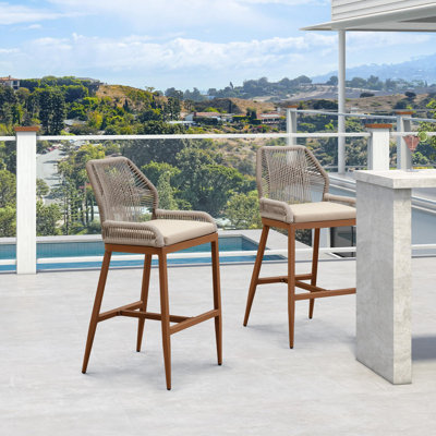 Purple Leaf Patio Upcycled Fabric Bar Stools 28" H Set Of 2 Handwoven Wicker Bar Height Stool Modern Aluminum High Bar Chairs Outdoor Wicker Barstools by Purple Leaf