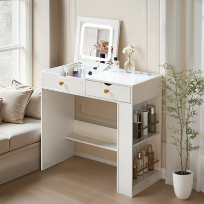 Modern Flip Top Mirror Makeup Vanity, Dressing Desk with Drawer and Lots Storage Shelves, Vanity Table With Lighted Mirror And Charging Station for Be by Ebern Designs