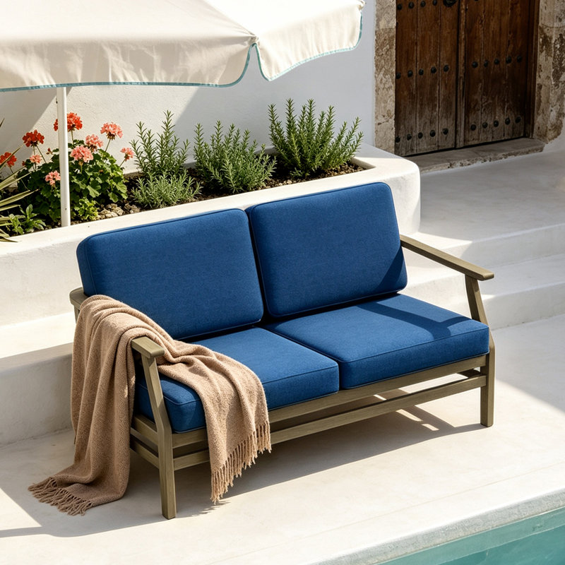 Clinkscales Solid Wood Teak Outdoor Loveseat With Cushion And Arms, Navy, Brown