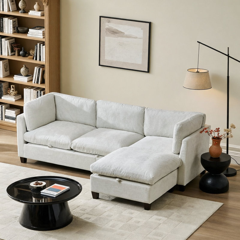 Canapé modulaire 96,5 po pour salon, canapé rembourré en tissu de chenille doux, canapé 3 places avec repose-pieds beige