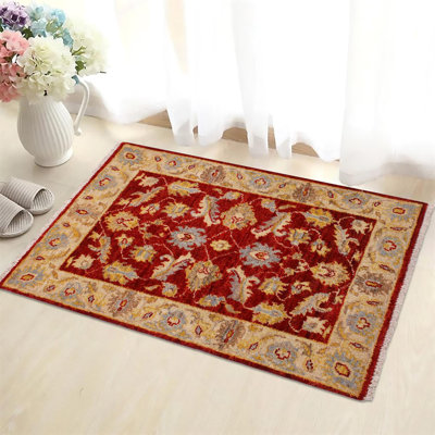 Tapis rouge / jaune / bleu en laine noué à la main à motif floral 2 pi x 2 pi 10 po Baccio