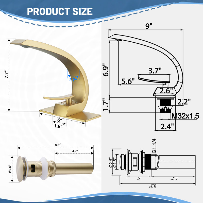 Solid Brass Single Hole Single Handle Bathroom Sink Faucet with Drain Assembly, Drain Assembly Included, Brushed Gold