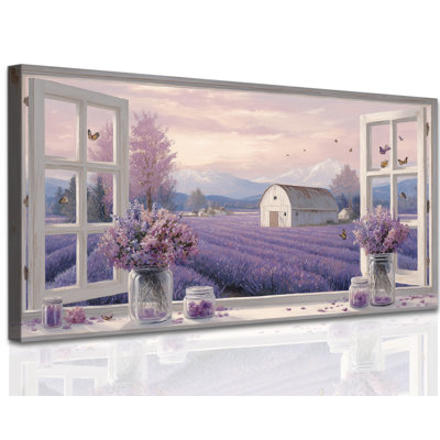  «Rustic Farmhouse», reproduction d'art encadrée de fenêtre, peinture florale de lavande sereine, décor champêtre pour les chambres à coucher et les salles de bain, 12 po x 24 po