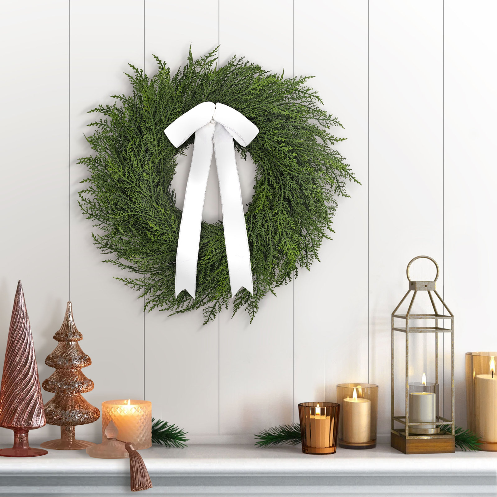 22 Inch Artificial PE Cypress Christmas Wreath with Bow