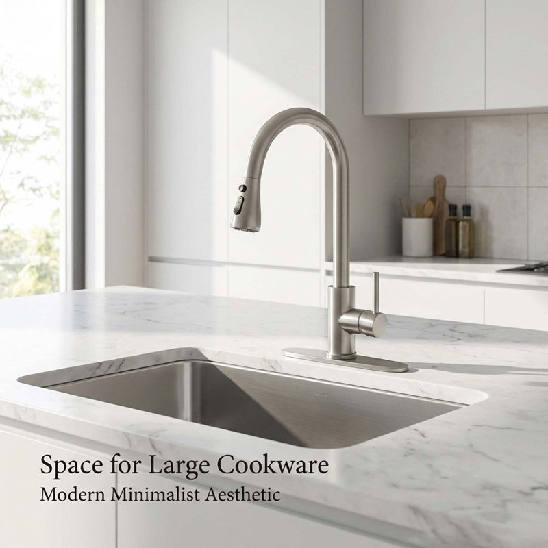 15.35 In. Single Handle Pull Down Sprayer Kitchen Faucet Commercial Sink With 360° Swivel Spout & Deck Plate, Brushed Nickel
