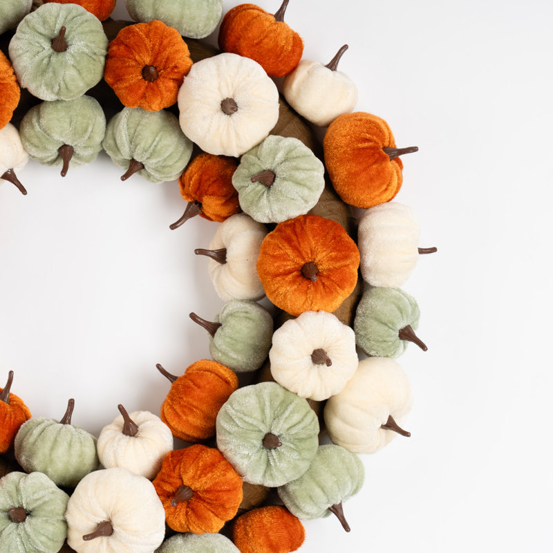 43cm Velvet Pumpkin Wreath, Orange