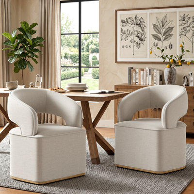 Chaise de salle à manger pivotante et rembourrée moderne avec roulettes dissimulées, fauteuil ergonomique incurvé avec accoudoirs en tissu chenille et garniture en bois pour la cuisine, la salle à manger, le bureau à domicile et la coiffeuse, capacité de 181 kg, couleur avoine (ensemble de 4)