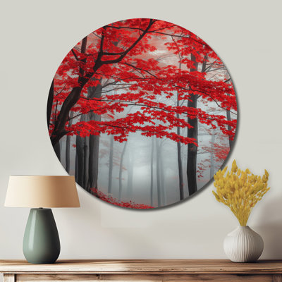 Red Maple Forest - Landscapes Round Metal Wall Art