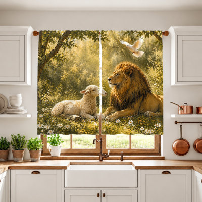 2 pièces rideaux à motif artistique Jésus et animaux, scène religieuse, filtrage de la lumière, parfait pour le salon, la chambre à coucher et le balcon