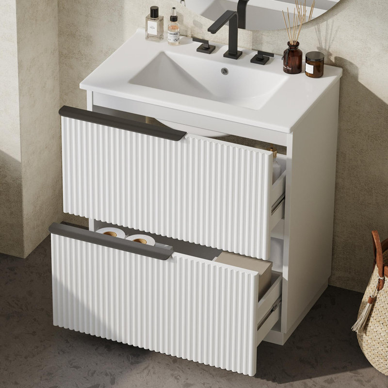 30" Bathroom Vanity with Ceramic Sink and Full-Extension Drawers, Freestanding Bathroom Vanity with Soft Close Drawer Slides, Fluted Design