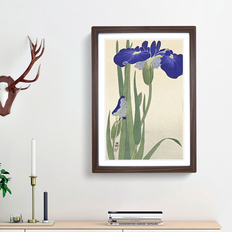 Blue Irises by Ohara Koson - Picture Frame Art Print, Walnut Framed, 36cm H x 27cm W x 2cm D