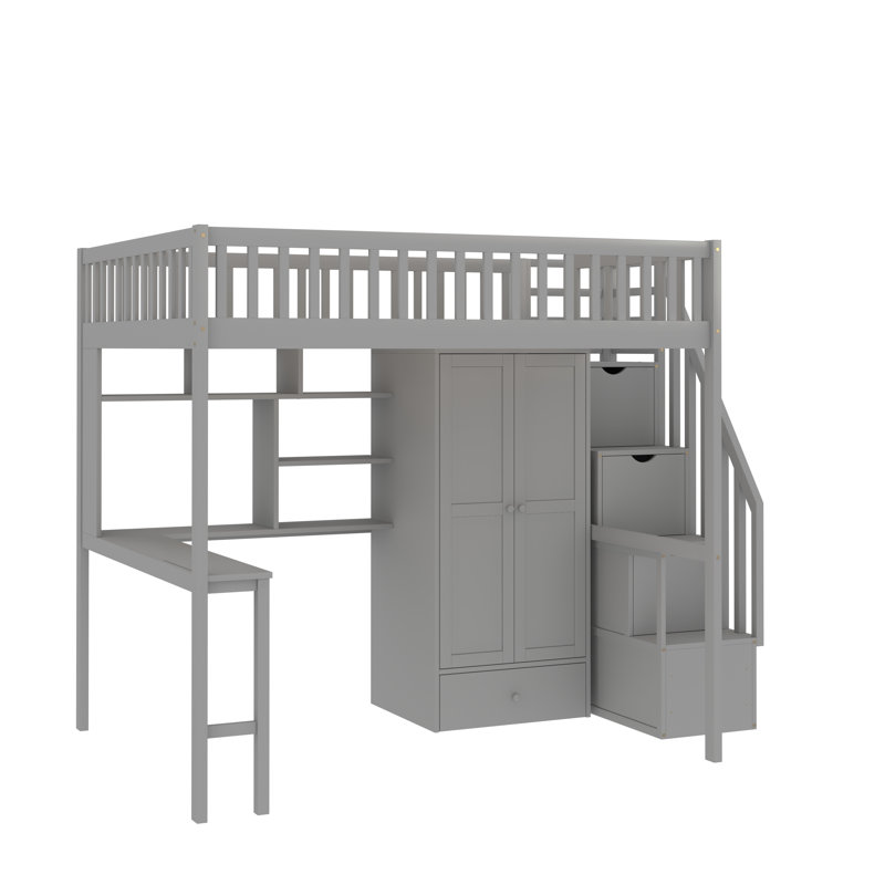 Gunjan Loft Bed with Bookshelf,Drawers,Desk,and Wardrobe, Gray, Full