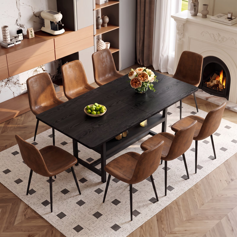Ensemble de salle à manger moderne rectangulaire en bois de 9 pièces (71 po) avec tablette de rangement et chaises rembourrées