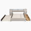 Grand lit plateforme tapissier avec lumières de lecture, tiroirs, gigogne et tablettes, beige