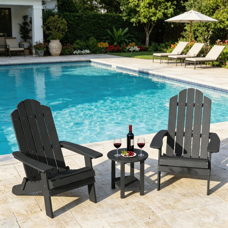 18" Round Outdoor Side Table HIPS Adirondack Table with Storage Shelf 2-Tier Plastic Adirondack End Table for Patio, Backyard or Balcony, Black