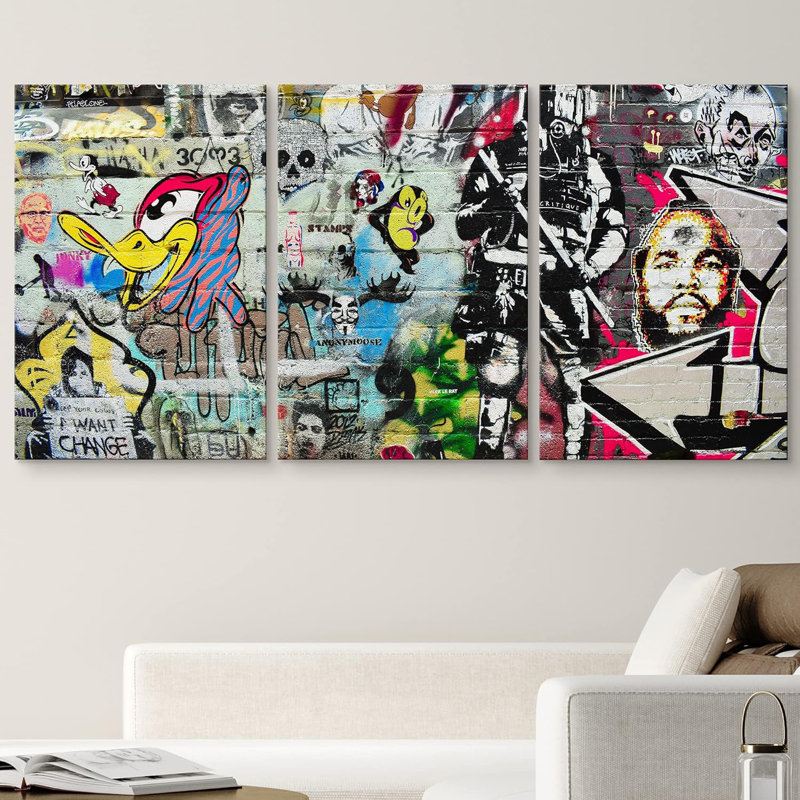 Pop Art iconographie des années 80, triptyque graffiti et art urbain, pittoresque, urbain, multicolore, 3 pièces