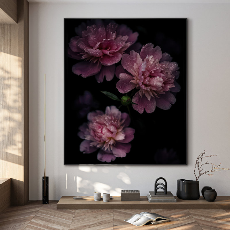 Très grande impression d'art floral pivoine Moody - rose et bourgogne, décoration botanique pour salon ou chambre à coucher