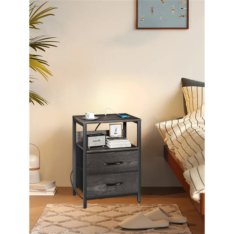 Modern Bedside Table With Charging Station – Stylish & Functional, Charcoal Gray
