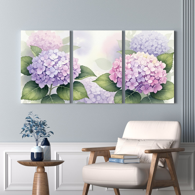 Hydrangea, reproduction d'art sur toile tendue sur toile, ensemble de 3, H 24 po x l 48 po