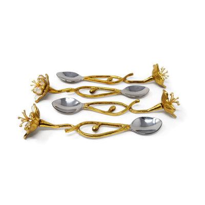 Ensemble de 4 cuillères à dessert dorées avec fleurs émaillées blanches
