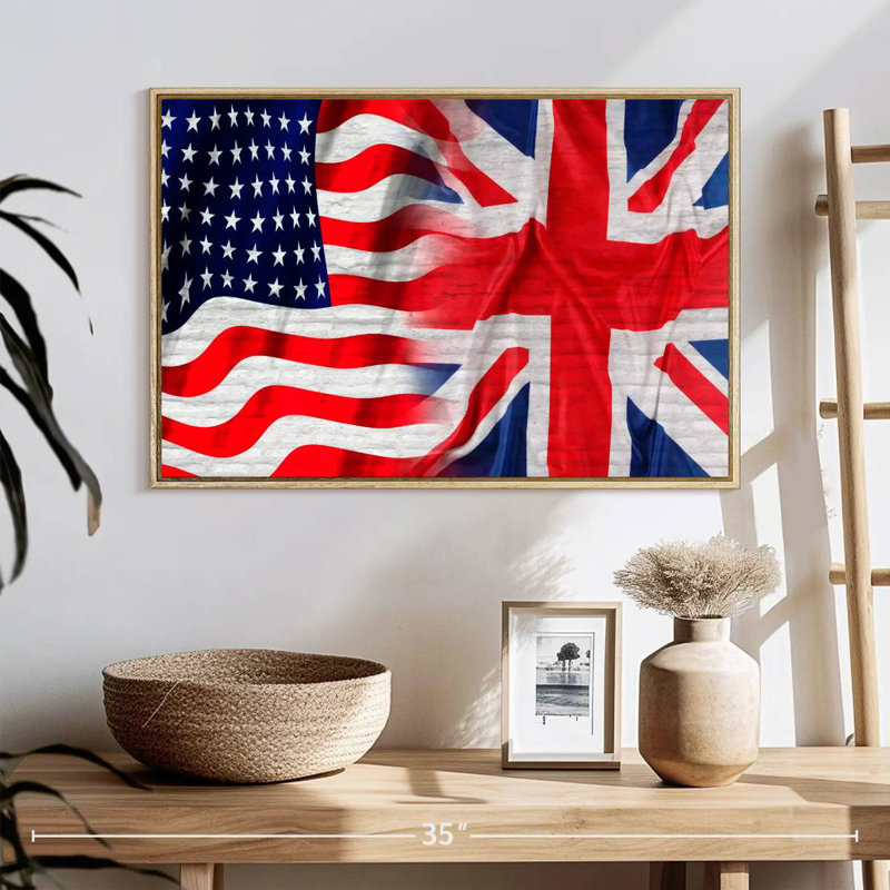 Drapeau américain et britannique, Cadre flottant en bois naturel, 25 po x 17 po
