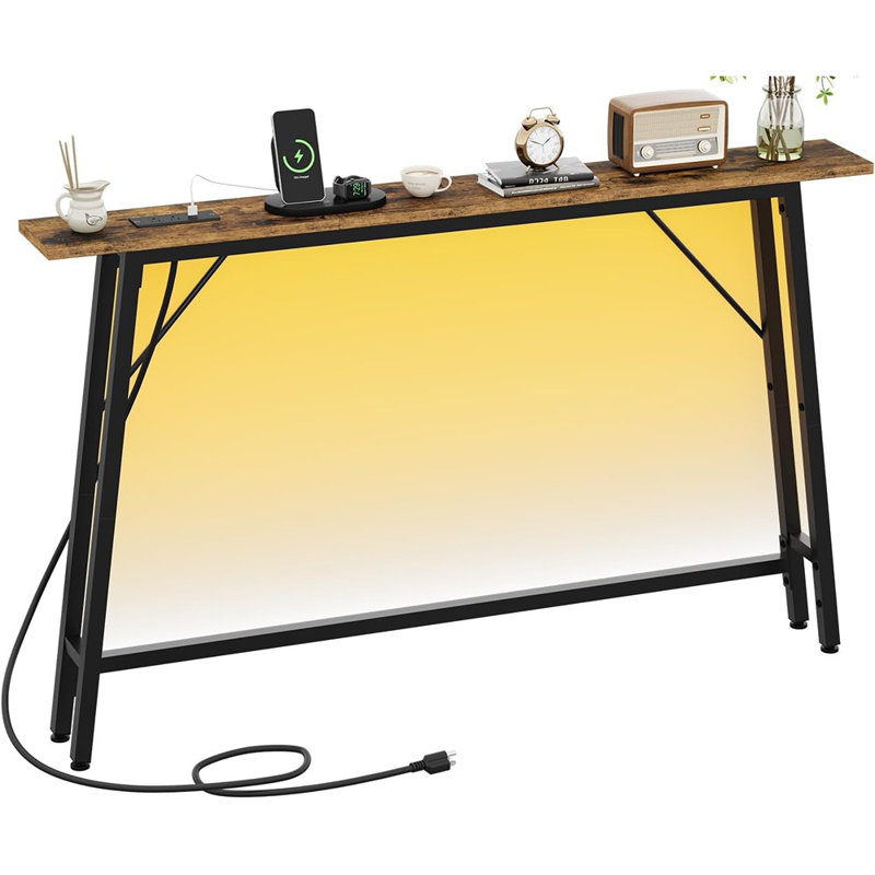 47'' Skinny Console Table With Charging Station And LED Light, Narrow Sofa Table With Power Outlets And Type C & USB Port, Behind Couch Table, For Living Room, Entryway, Hallway, Rustic Brown