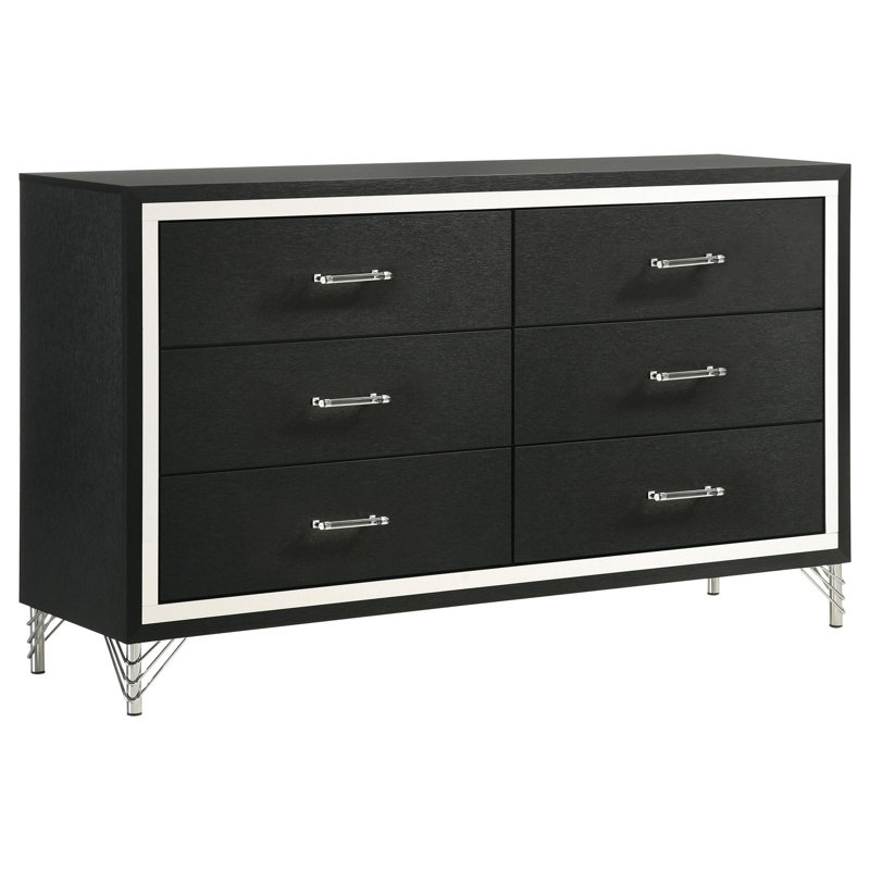 Commode Jenny, 6 tiroirs et accents chromés, ton noir moderne