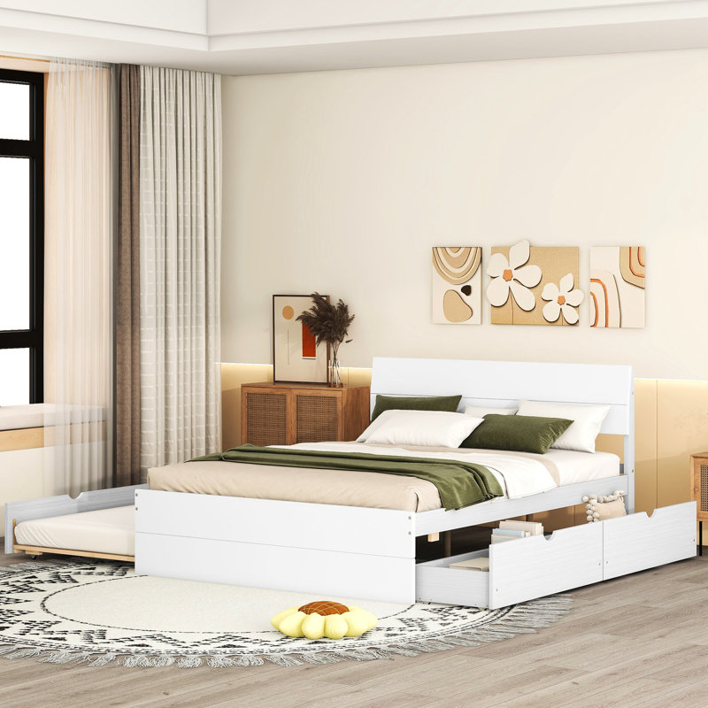 Lit blanc brillant avec lit gigogne simple et 2 tiroirs fonctionnels modernes et pratiques, Blanc, Lit double
