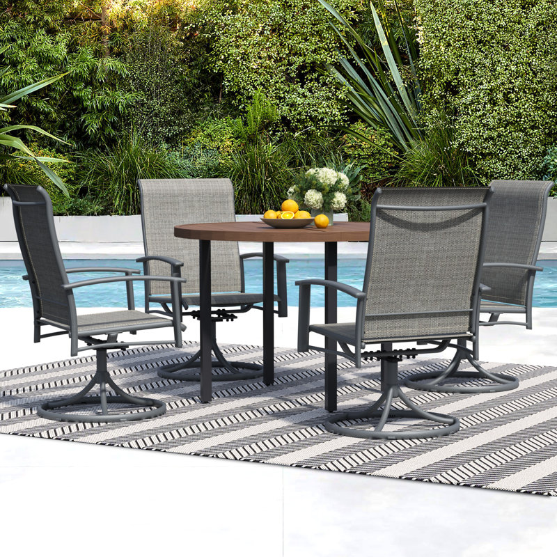 5-Piece Outdoor Dining Set For 4 – 42" Walnut Round Outdoor Table With Umbrella Hole & 4 Light Beige Patio Swivel Chairs, All-Weather Patio Furniture