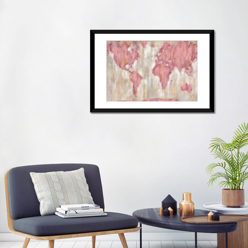 «Blush World Map», impression sur toile, H 18 po x l 26 po x P 1,5 po, Papier d'art encadré noir, Blanc