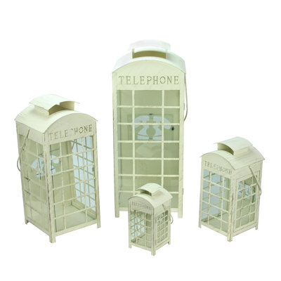 Weathered Cream and Gold Telephone Booth Glass Pillar Candle Lantern