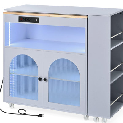 Rolling Kitchen Island With Extended Table, Led Lights, Power Sockets, Fluted Glass Doors & Versatile Storage, Grey Tabletop, Doors, Illumination Socket